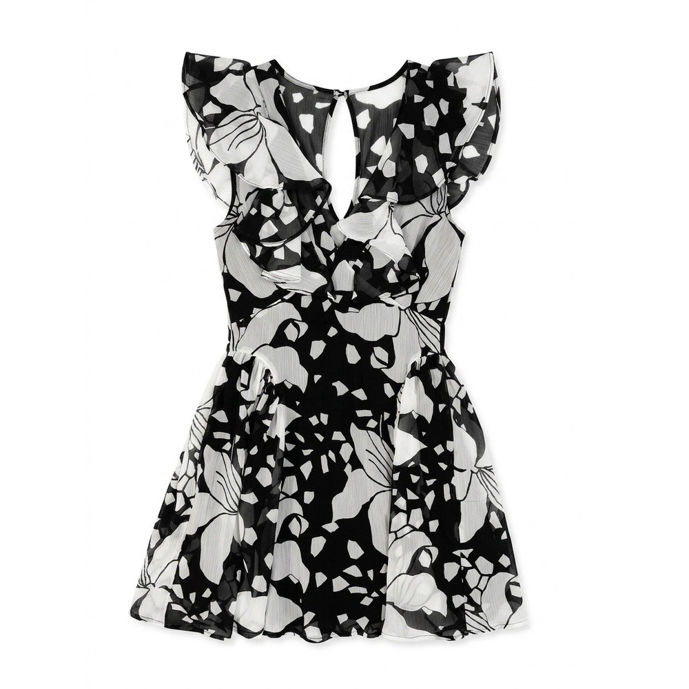 Topshop Mini Dress Women Black White Size 2 Floral Ruffle Flutter Sleeve Chiffon
